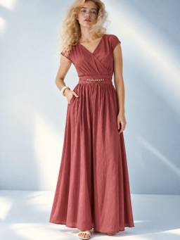 Ikonic Klaer - Pink Viscose Flared V-Neck Half Sleeves Solid Dress
