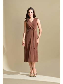 Ikonic Klaer - Brown Polyester A-Line V-Neck Sleeveless Solid Dress