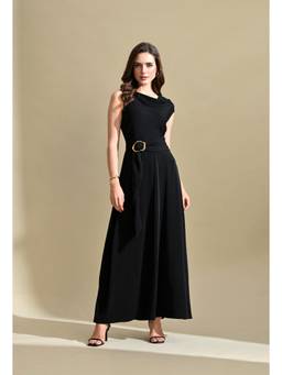Ikonic Klaer - Black Polyester A-Line Cowl Neck Sleeveless Solid Dress