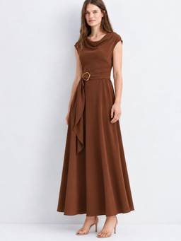 Ikonic Klaer - Brown Polyester A-Line Cowl Neck Sleeveless Solid Dress