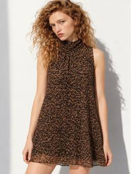 Ikonic Klaer - Brown Chiffon A-Line High Neck Sleeveless Animal Print Dress