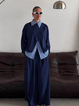 Loveable Creations By Muskan - Blue Collar Neck Full Sleeves Solid Top with Trouser