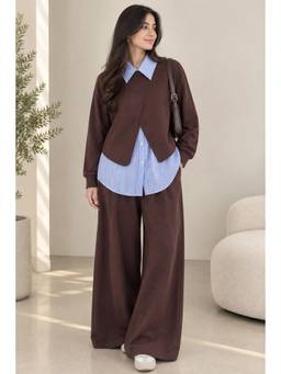 Loveable Creations By Muskan - Brown Collar Neck Full Sleeves Solid Top with Trouser