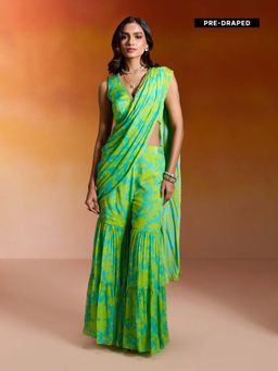 Gajra Gang - Lime Green Chinon Printed Sharara Saree with Blouse Nakhraali Nomads