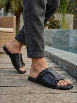 Alberto Torresi - Mens Black Textured Leather Monk-Strap Sandals