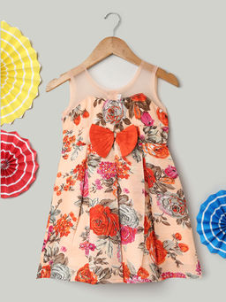 BownBee - Girls Orange Floral Print Party Frock