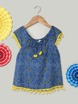 BownBee - Girls Blue Pure Cotton Jhabla Frock