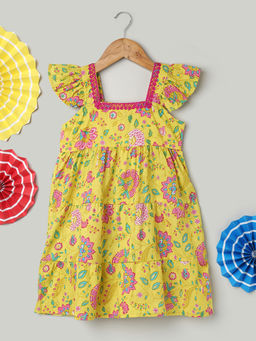 BownBee - Girls Yellow Floral Pure Cotton Summer Frock