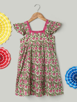 BownBee - Girls Green Floral Pure Cotton Summer Frock