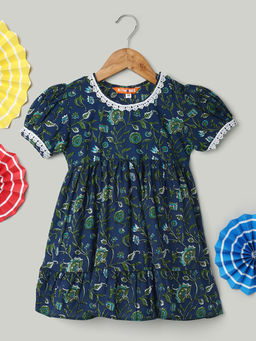 BownBee - Girls Blue Pure Floral Cotton Puff Sleeve Summer Frock