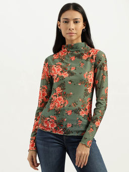 United Colors of Benetton - Women's Green High Neck Floral Printed T-shirt