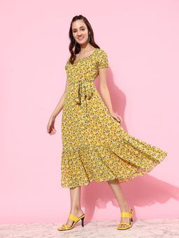 Miss Chase - Women Yellow Square Neck Short Puff Sleeve Floral Tiered Georgette Midi Dress