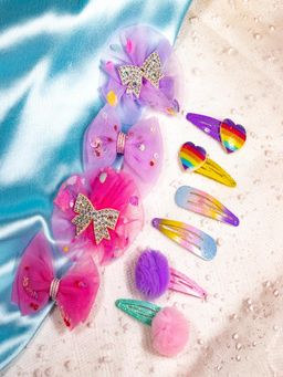 JEWELZ - Whimsical Girls Korean Design Bows, Multi-Color Ribbons Hair Clips (Pack Of 10)