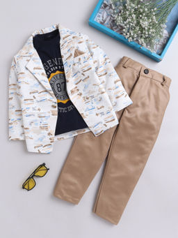 FOURFOLDS - Boys Printed Beige Blazer with T-Shirt & Trouser (Set of 3)