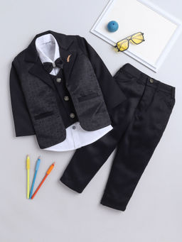 FOURFOLDS - Boys Solid Black Blazer with Shirt & Trouser (Set of 4)