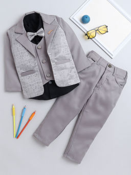 FOURFOLDS - Boys Solid Grey Blazer with Shirt & Trouser (Set of 4)
