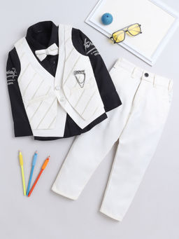 FOURFOLDS - Boys Solid Cream Shirt with Waistcoat & Trouser (Set of 4)