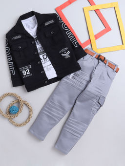FOURFOLDS - Boys Typography Print Black Jacket with T-Shirt & Trouser (Set of 3)