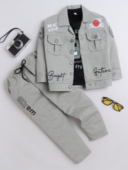 FOURFOLDS - Boys Printed Grey Full Sleeve Jacket with T-Shirt & Trouser (Set of 3)