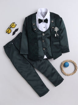 FOURFOLDS - Boys Embroidered Green Blazer with Shirt & Trouser and Waistcoat (Set of 5)