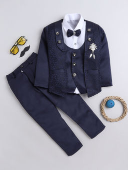 FOURFOLDS - Boys Embroidered Navy Blue Blazer with Shirt & Trouser with Waistcoat (Set of 5)
