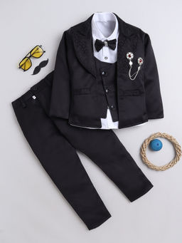 FOURFOLDS - Boys Solid Black Blazer with Shirt & Trouser and Waistcoat (Set of 5)