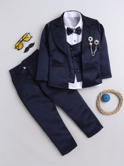FOURFOLDS - Boys Solid Navy Blue Blazer with Shirt & Trouser and Waistcoat (Set of 5)