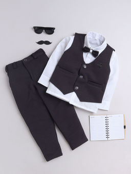 FOURFOLDS - Boys Solid Charcoal Waistcoat with Trouser & Shirt (Set of 4)