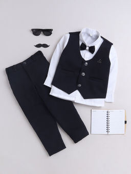 FOURFOLDS - Boys Solid Navy Blue Waistcoat with Trouser & Shirt (Set of 4)
