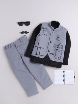FOURFOLDS - Boys Printed Grey Waistcoat with Trouser & Shirt (Set of 3)