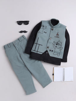 FOURFOLDS - Boys Printed Green Waistcoat with Trouser & Shirt (Set of 3)