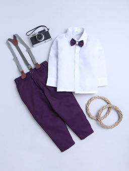 FOURFOLDS - Boys Solid Purple Shirt with Trouser & Suspender (Set of 4)
