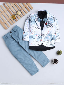 FOURFOLDS - Boys Printed Green Blazer with Shirt & Trouser (Set of 4)