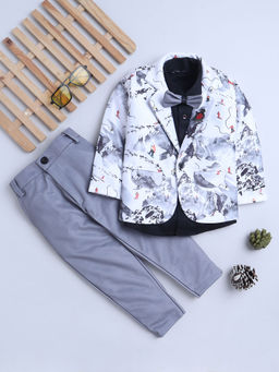 FOURFOLDS - Boys Printed Grey Blazer with Shirt & Trouser (Set of 4)