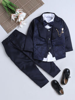 FOURFOLDS - Boys Solid Navy Blue Full Sleeve Blazer with Shirt & Trouser (Set of 4)