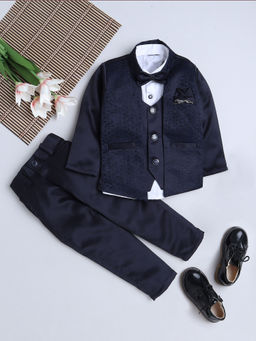 FOURFOLDS - Boys Solid Navy Blue Full Sleeve Blazer with Shirt & Trouser (Set of 4)