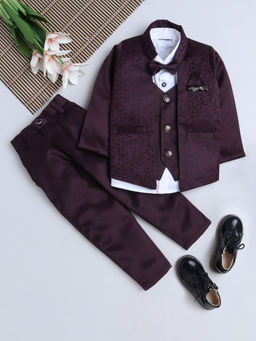 FOURFOLDS - Boys Solid Wine Full Sleeve Blazer with Shirt & Trouser (Set of 4)