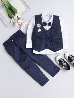 FOURFOLDS - Boys Solid Navy Blue Waistcoat with Shirt & Trouser (Set of 4)