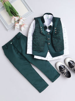 FOURFOLDS - Boys Solid Green Waistcoat with Shirt & Trouser (Set of 4)