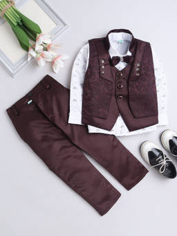 FOURFOLDS - Boys Solid Wine Waistcoat with Shirt & Trouser (Set of 4)