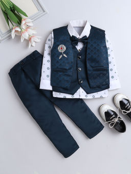 FOURFOLDS - Boys Solid Turquoise Waistcoat with Trouser & Shirt (Set of 4)