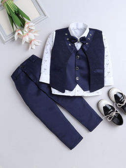 FOURFOLDS - Boys Solid Navy Blue Waistcoat with Shirt & Trouser (Set of 4)