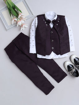 FOURFOLDS - Boys Solid Purple Waistcoat with Shirt & Trouser (Set of 4)