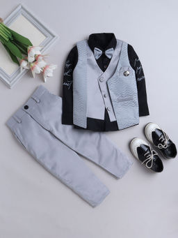 FOURFOLDS - Boys Printed Grey Waistcoat with Shirt & Trouser (Set of 4)