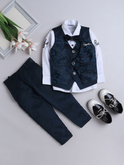 FOURFOLDS - Boys Printed Teal Waistcoat with Shirt & Trouser (Set of 4)