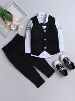 FOURFOLDS - Boys Solid Black Waistcoat with Shirt & Trouser (Set of 4)