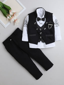 FOURFOLDS - Boys Solid Black Waistcoat with Shirt & Trouser (Set of 4)