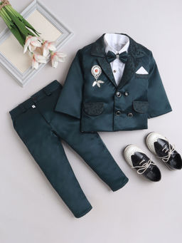 FOURFOLDS - Boys Solid Green Blazer with Shirt & Trouser (Set of 4)