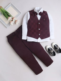 FOURFOLDS - Boys Checks Wine Waistcoat with Shirt & Trouser (Set of 4)