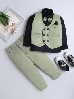 FOURFOLDS - Boys Solid Green Waistcoat with Shirt & Trouser (Set of 4)